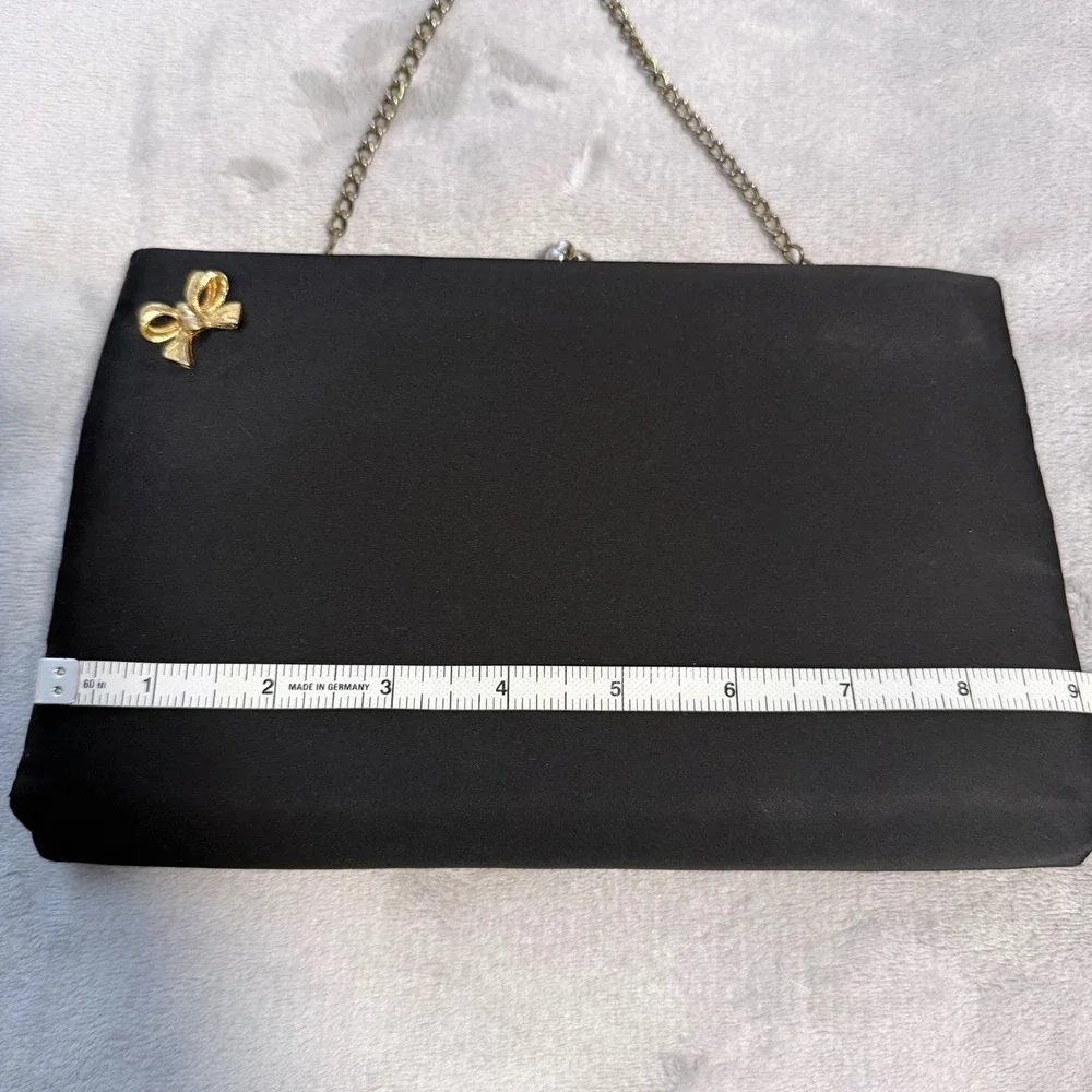 Vintage‎ After Five Black Satin Clutch Gold Bow Evening Bag Purse USA